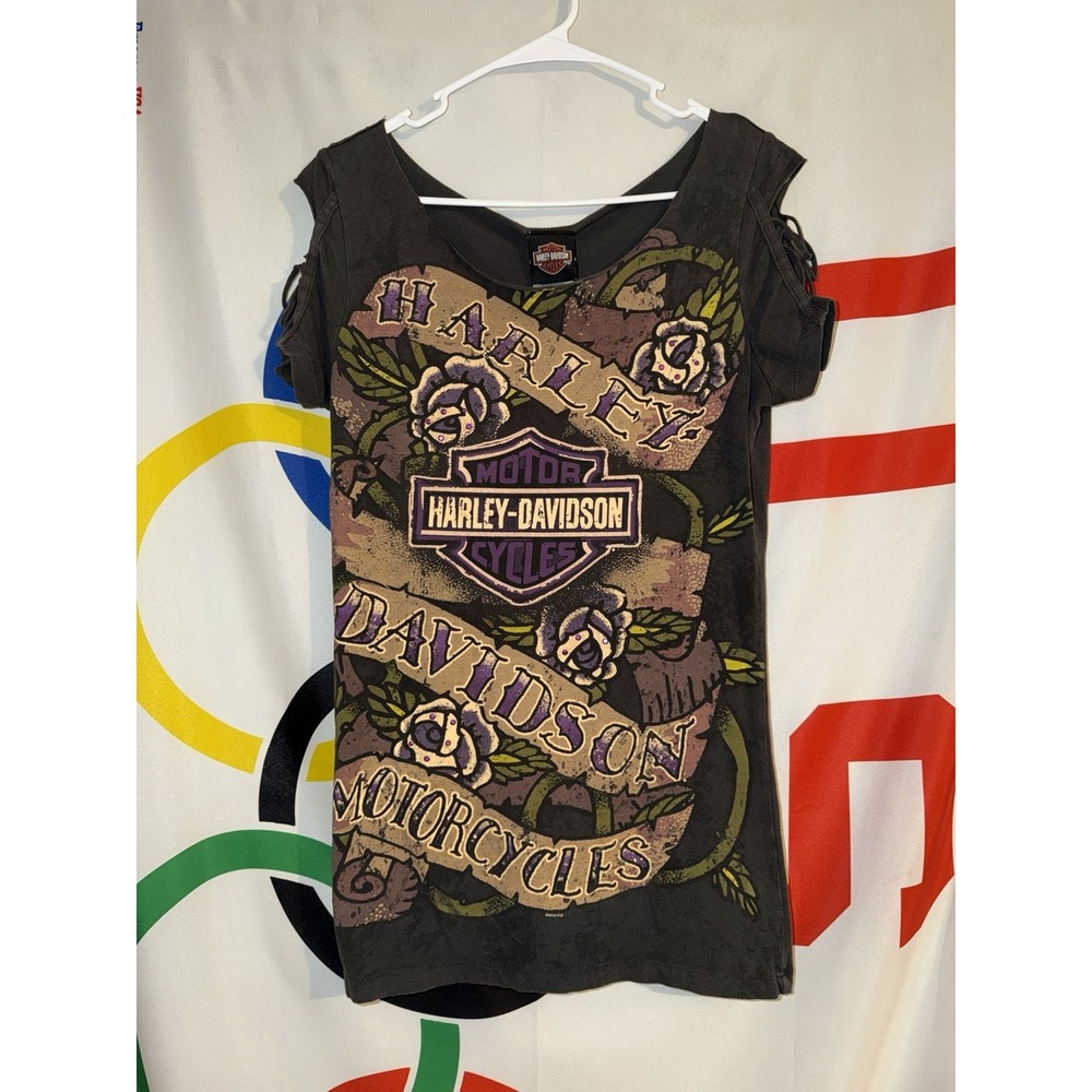 Harley Davidson T Shirt Womens Medium Flower Rhinestones Y2K Biker Motorcycles